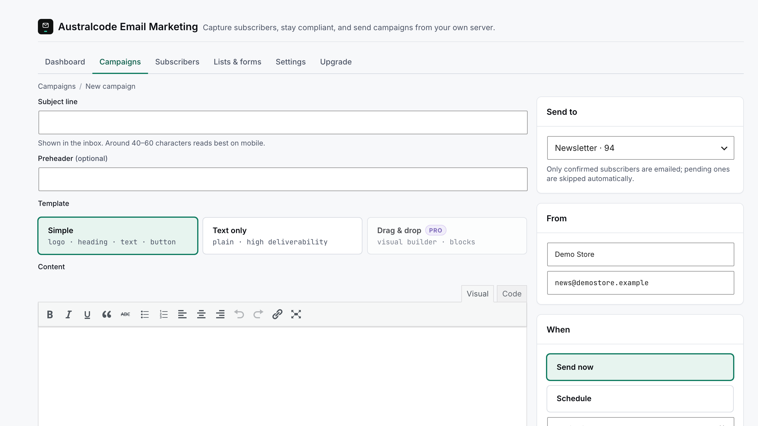 Composing a campaign in Australcode Email Marketing: a rich-text editor with subject line, a template picker, a list selector showing the subscriber count and a schedule control