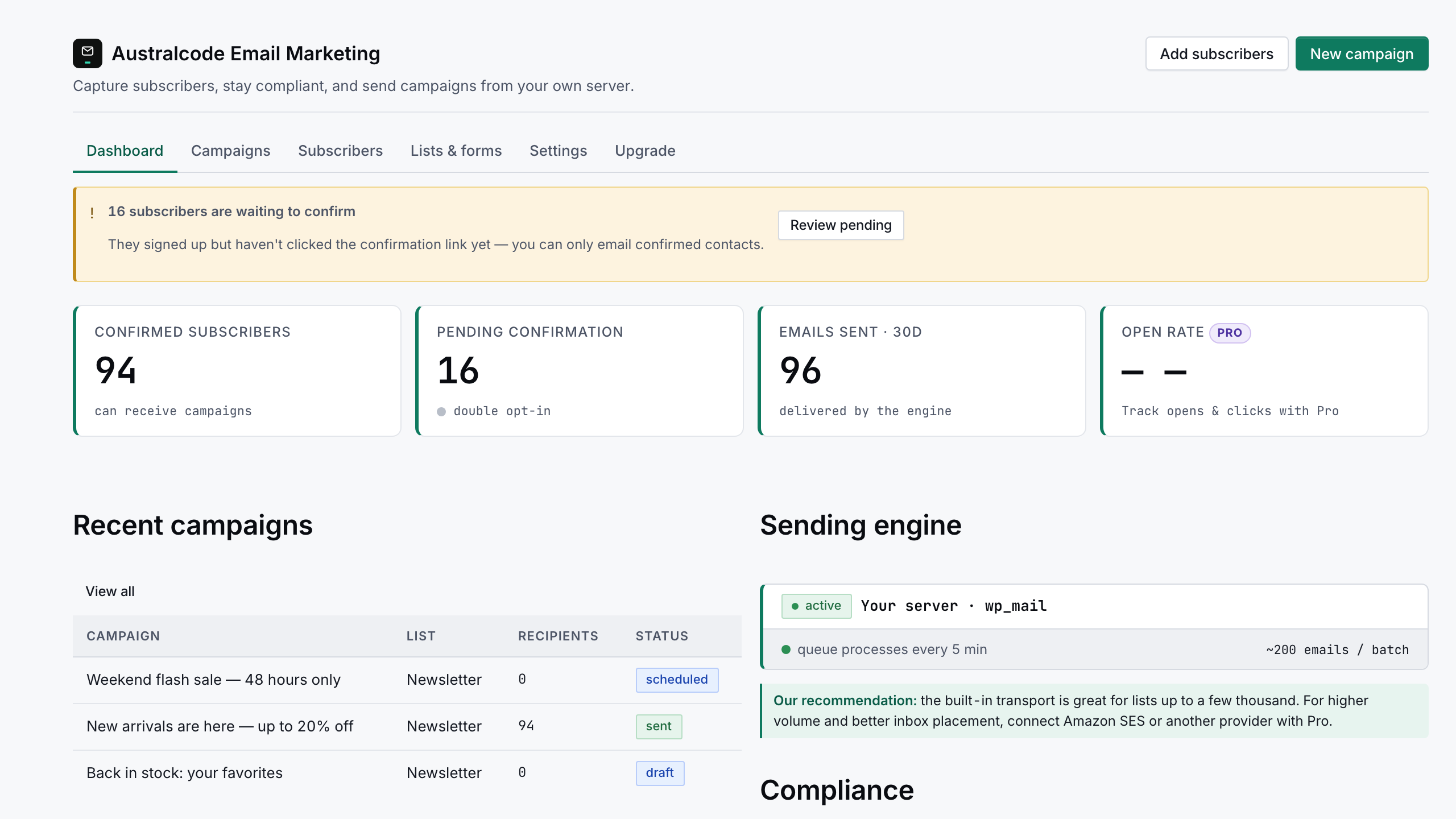 Dashboard overview: confirmed and pending subscriber counts, emails sent in the last 30 days, the sending-engine status card and a list of recent campaigns with their status
