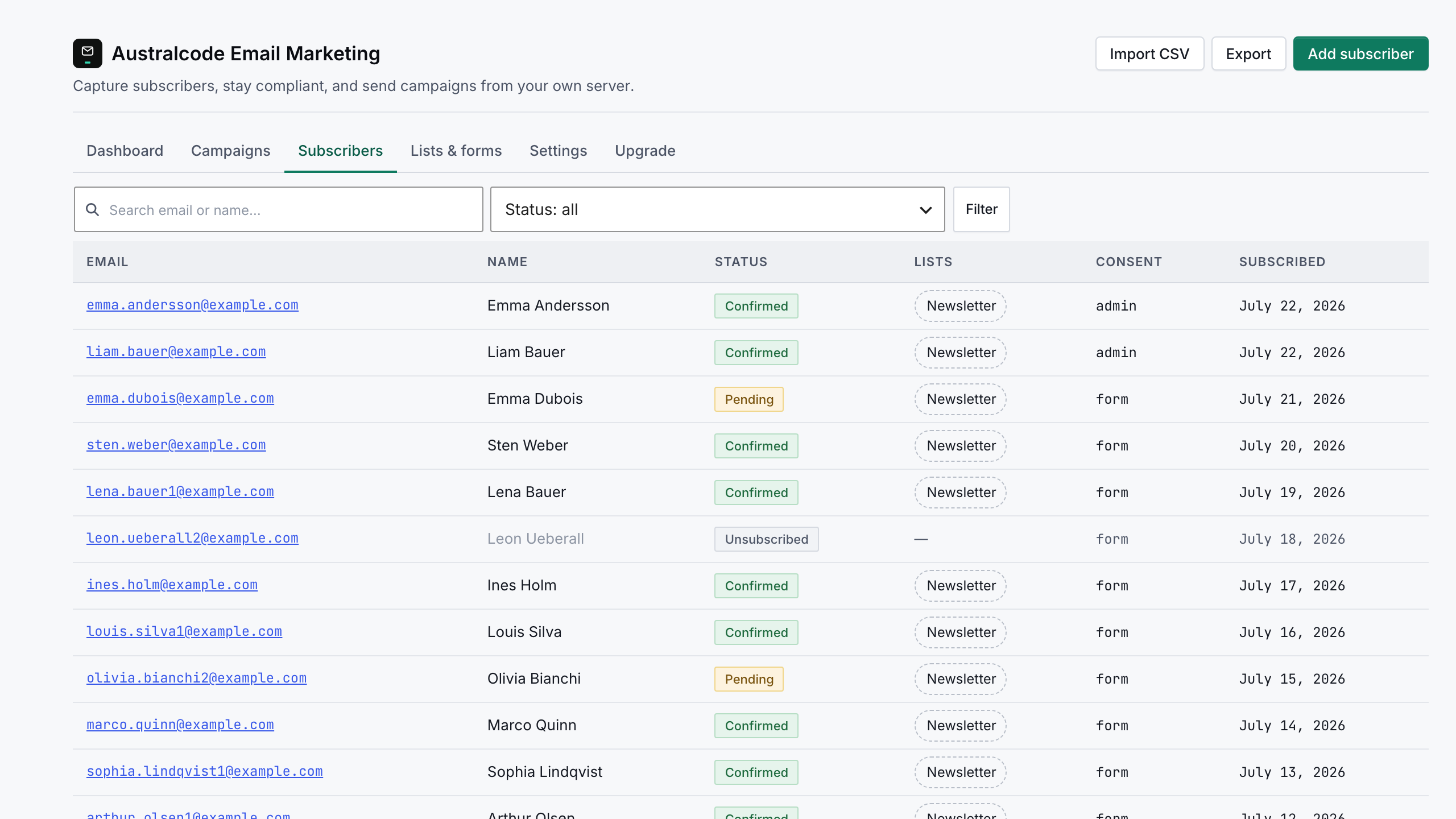 Subscribers screen: a searchable, filterable list with consent source and status, subscribers grouped into lists, and CSV import and export